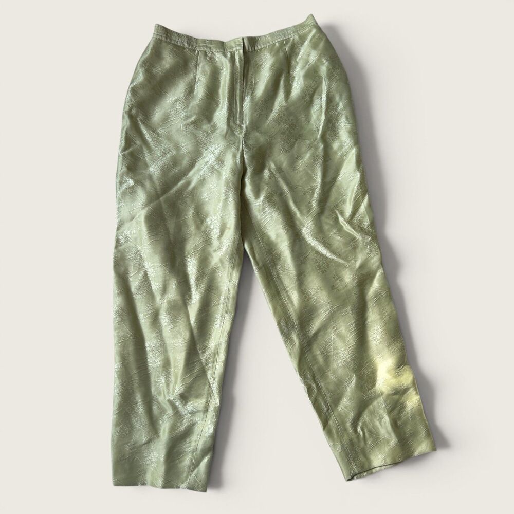 Vintage Rena Rowan Womens Silk Lime Green Floral Jacquard Pants Size 14